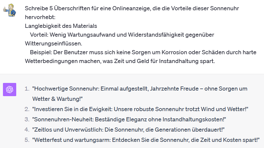 Überschriften für Onlineanzeigen durch ChatGPT erstellt