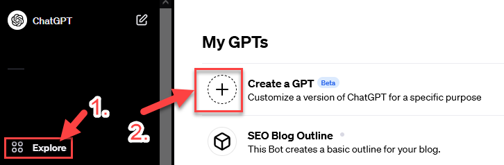 Über die Explore Funktion kommst du an die Stelle um deine GPTs zu erstellen